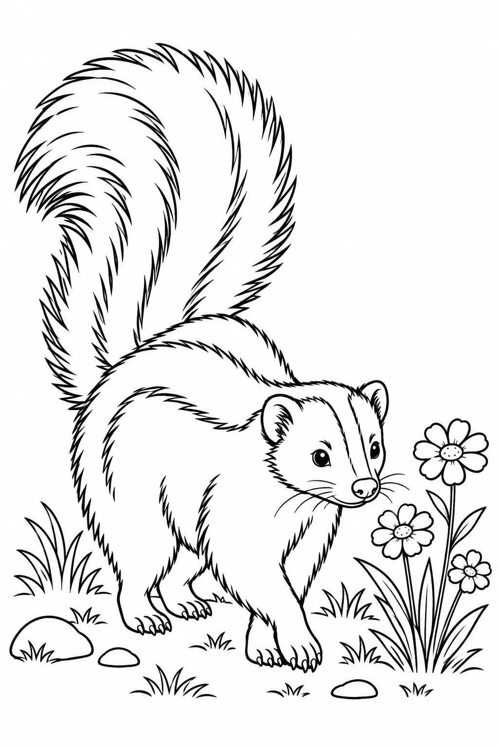 Skunk by Wildflowers printable woodland animal coloring page