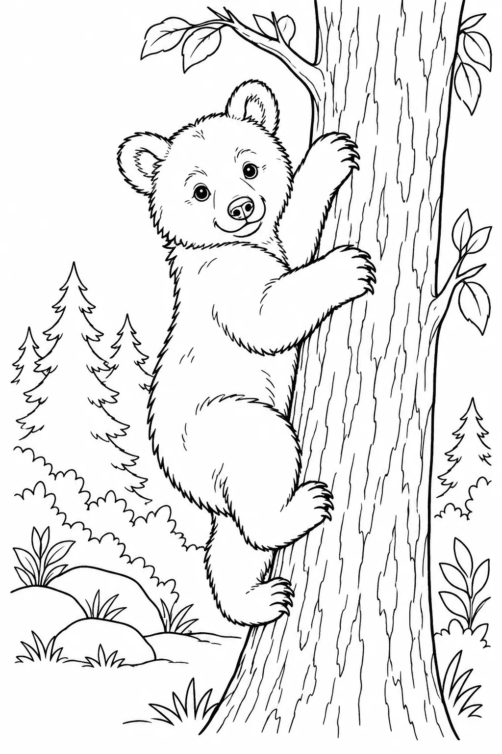 Bear Cub Climbing a Tree printable woodland animal coloring page