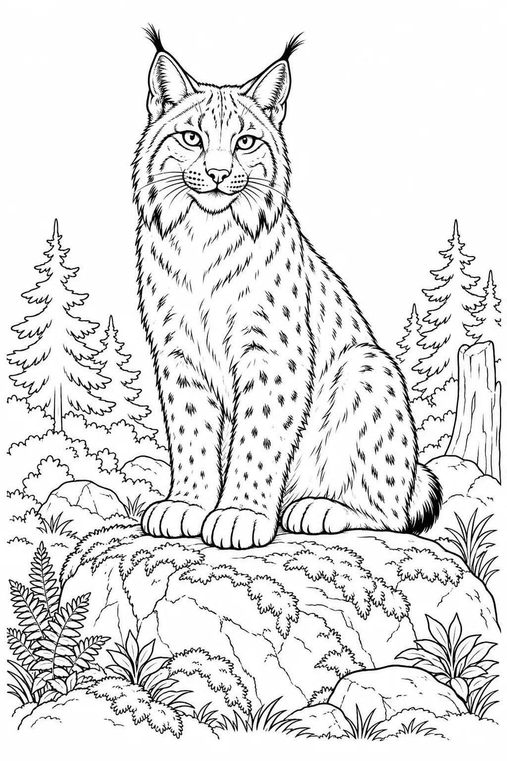 Lynx on a Mossy Rock printable woodland animal coloring page
