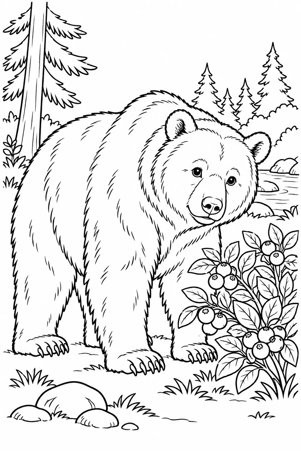 Bear Near a Berry Bush printable woodland animal coloring page