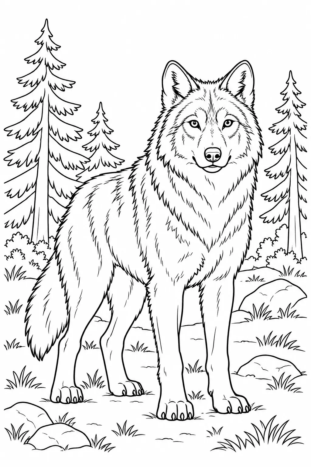 Wolf in a Pine Clearing printable woodland animal coloring page