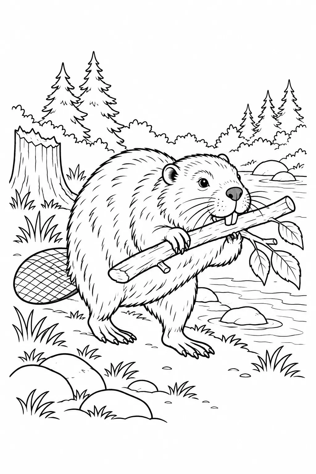 Beaver Carrying a Branch printable woodland animal coloring page