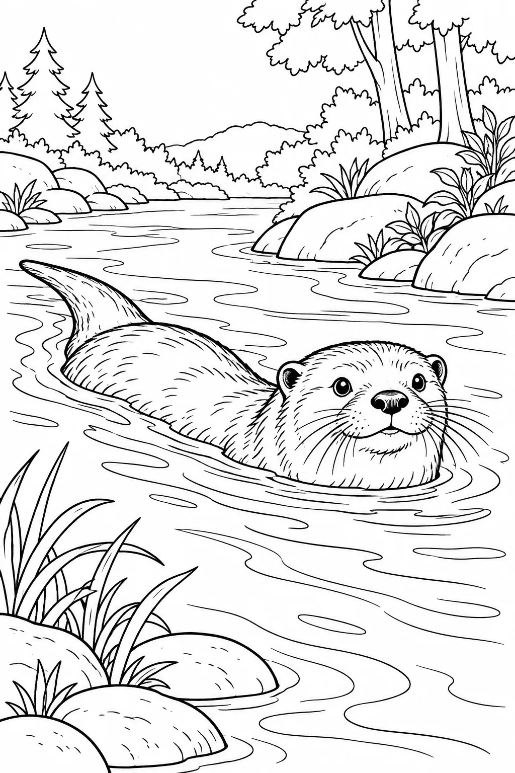 Otter Swimming in the River printable woodland animal coloring page