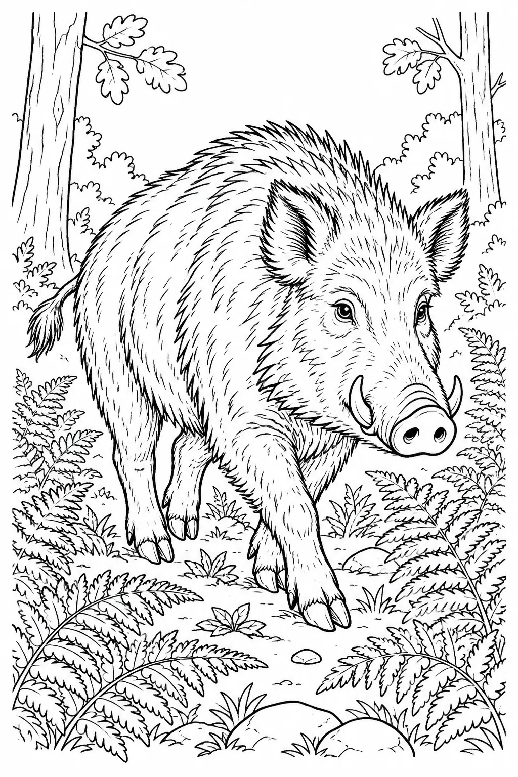 Wild Boar in the Ferns printable woodland animal coloring page