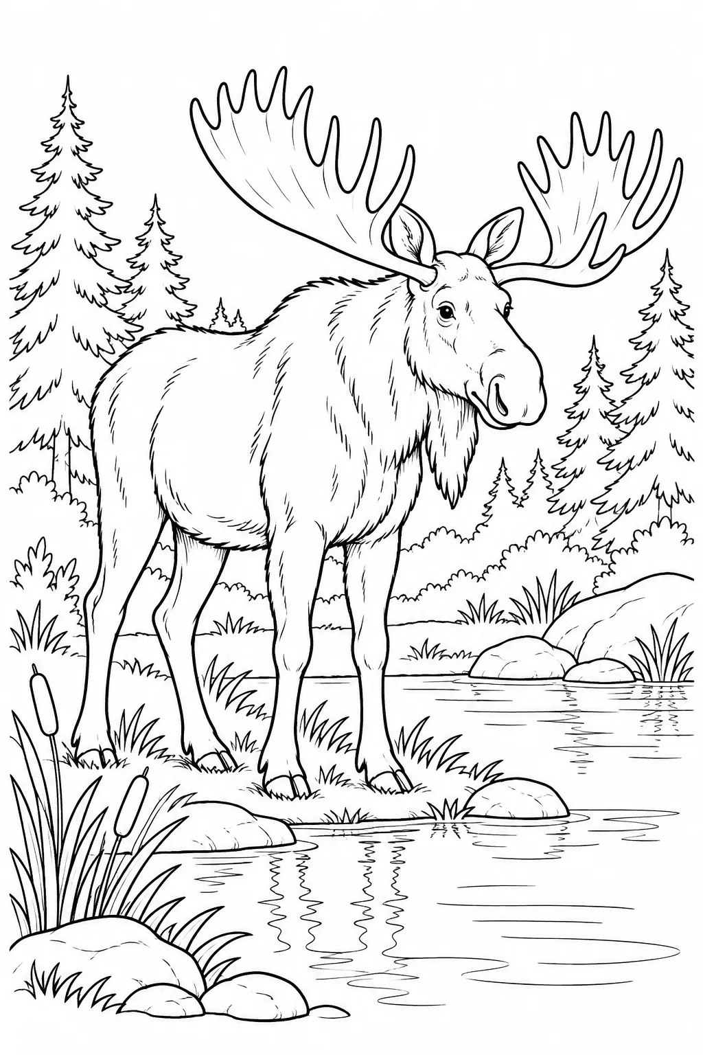 Moose at a Forest Pond printable woodland animal coloring page