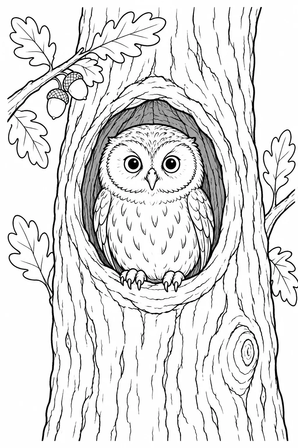 Owl at a Tree Hollow printable woodland animal coloring page