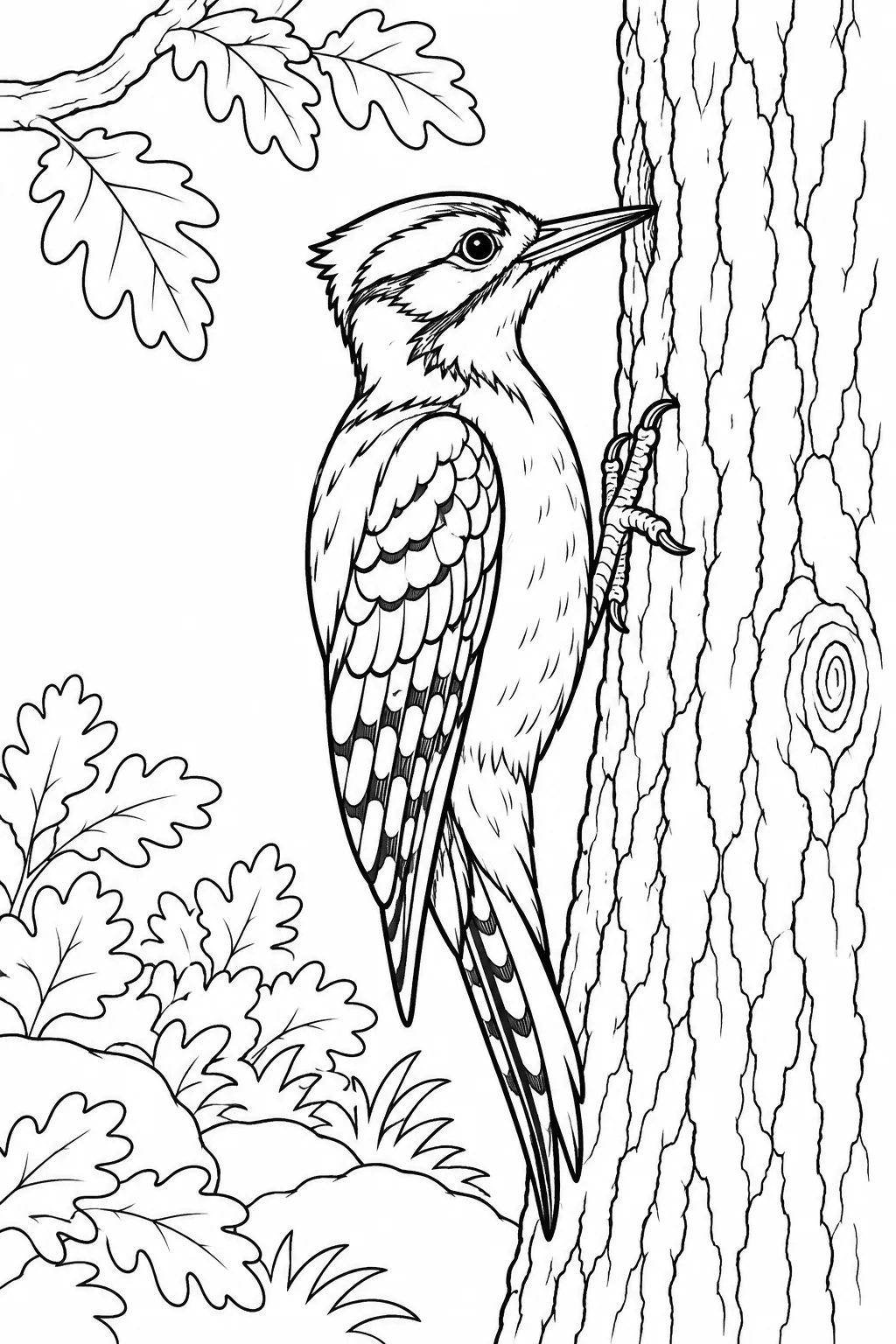 Woodpecker on a Trunk printable woodland animal coloring page