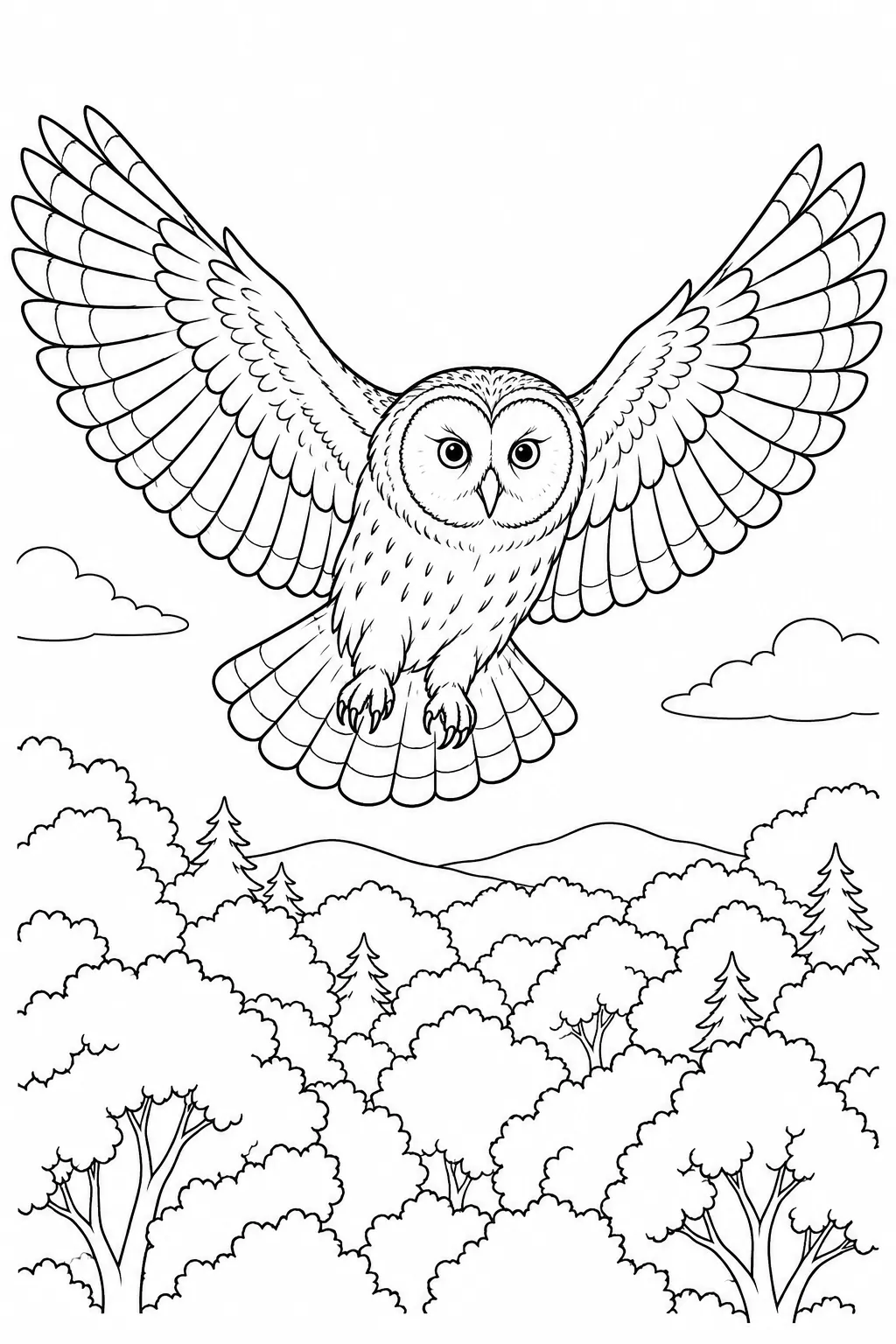Owl Flying Over the Canopy printable woodland animal coloring page