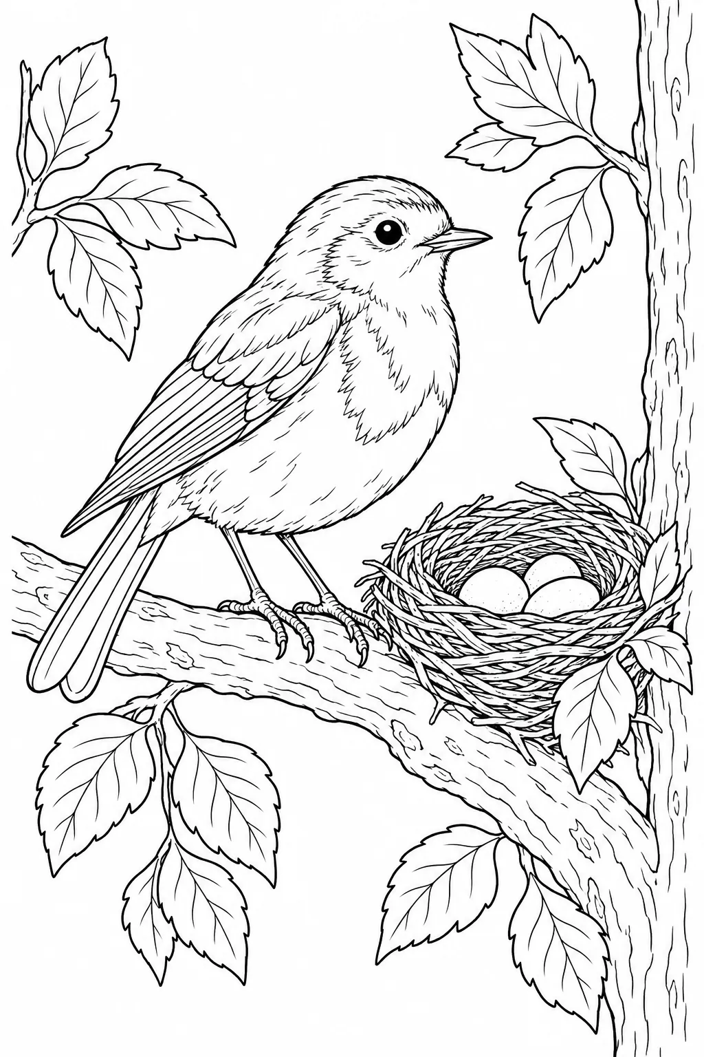Robin Beside Its Nest printable woodland animal coloring page