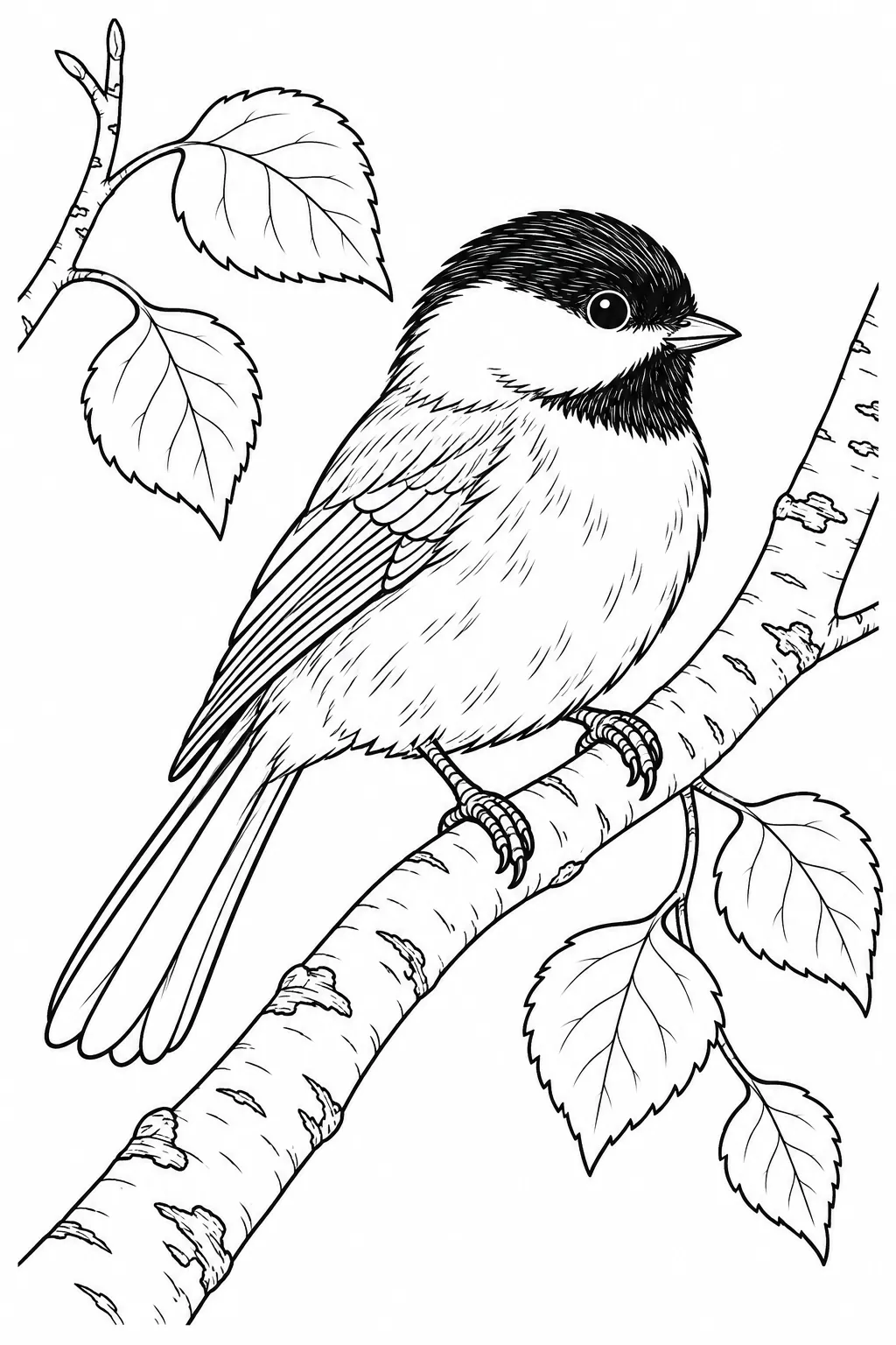 Chickadee on Birch printable woodland animal coloring page