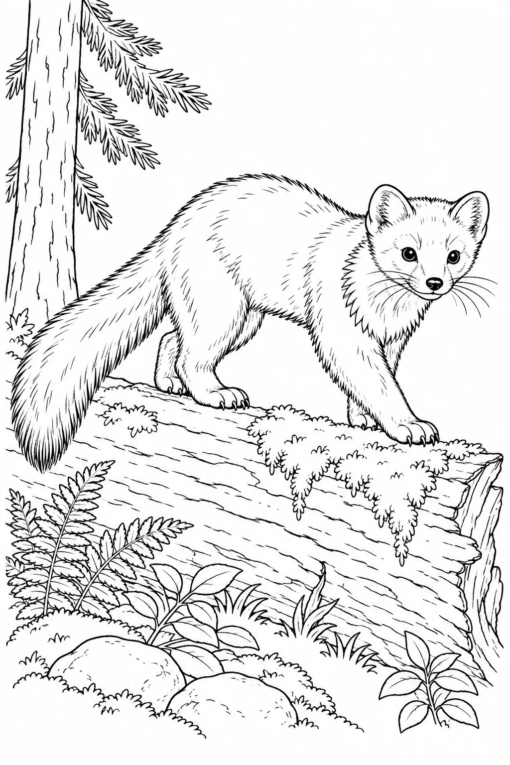 Pine Marten on a Log printable woodland animal coloring page
