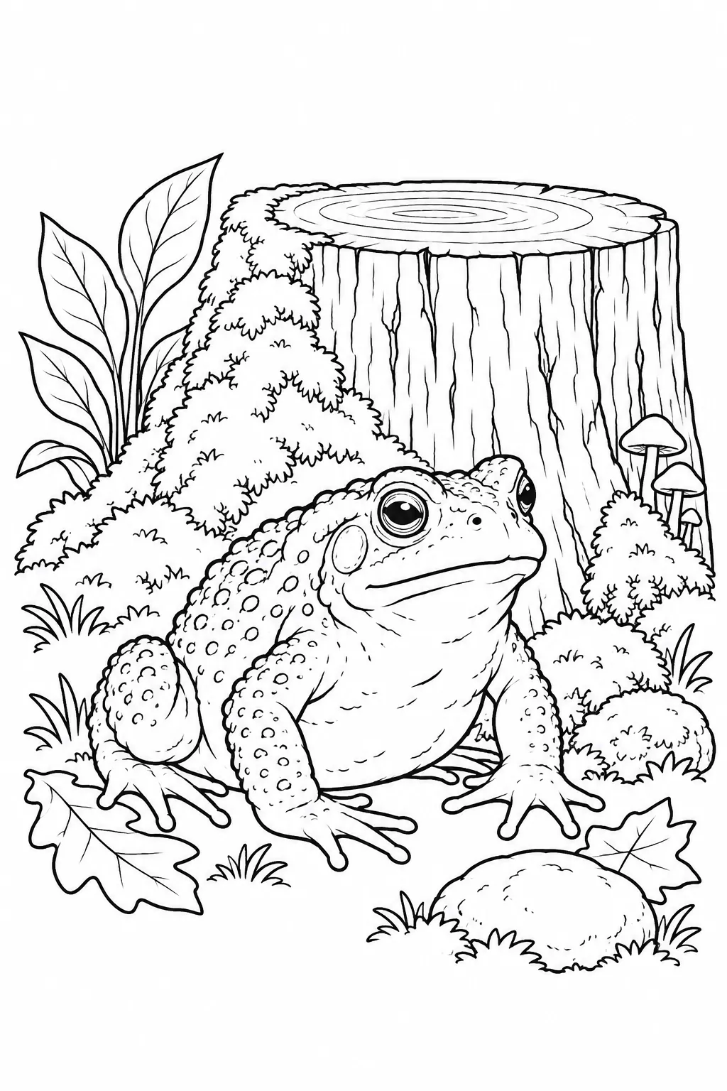 Toad by a Mossy Stump printable woodland animal coloring page
