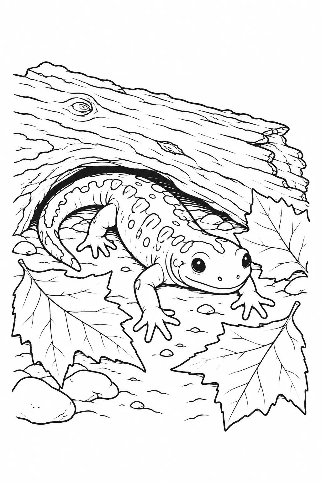 Salamander Under a Log printable woodland animal coloring page