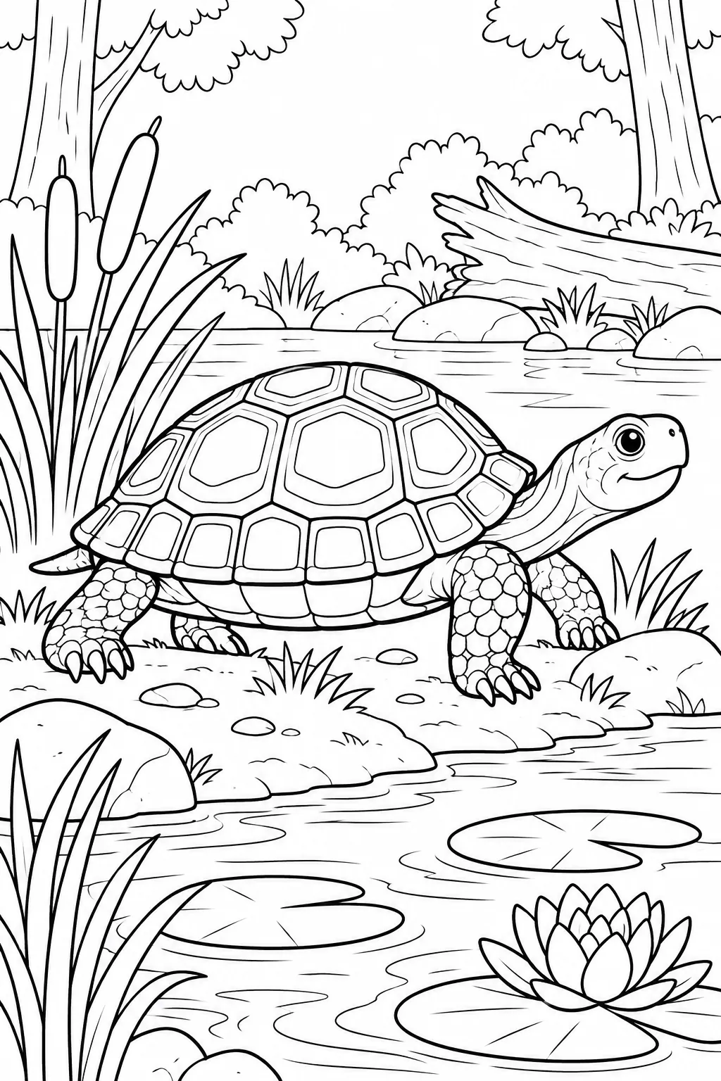 Turtle at the Woodland Pond printable woodland animal coloring page