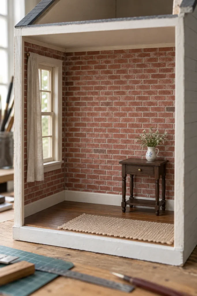 Dollhouse room with a red brick wall printable in 1:12 scale