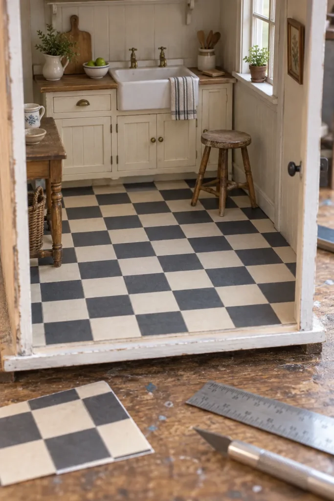 Miniature kitchen with checkerboard tile flooring printable in 1:12 scale