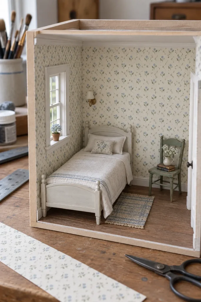 Miniature bedroom with small blue floral wallpaper printable in 1:12 scale