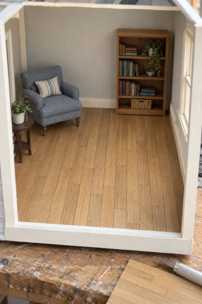 Dollhouse living room with honey oak wood flooring printable in 1:12 scale