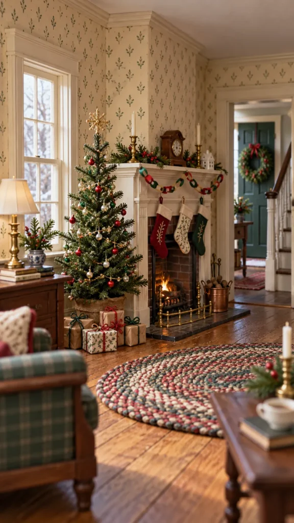 Budget friendly handmade Christmas decorations throughout a cozy dollhouse room