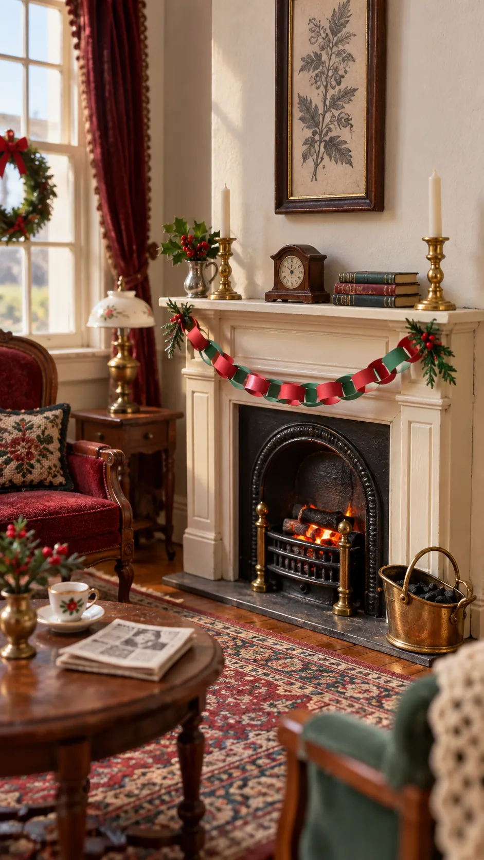 Tiny red and green paper chain garland across a dollhouse mantel