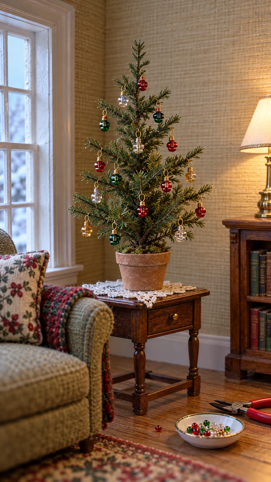 Seed bead baubles hanging on a miniature Christmas tree