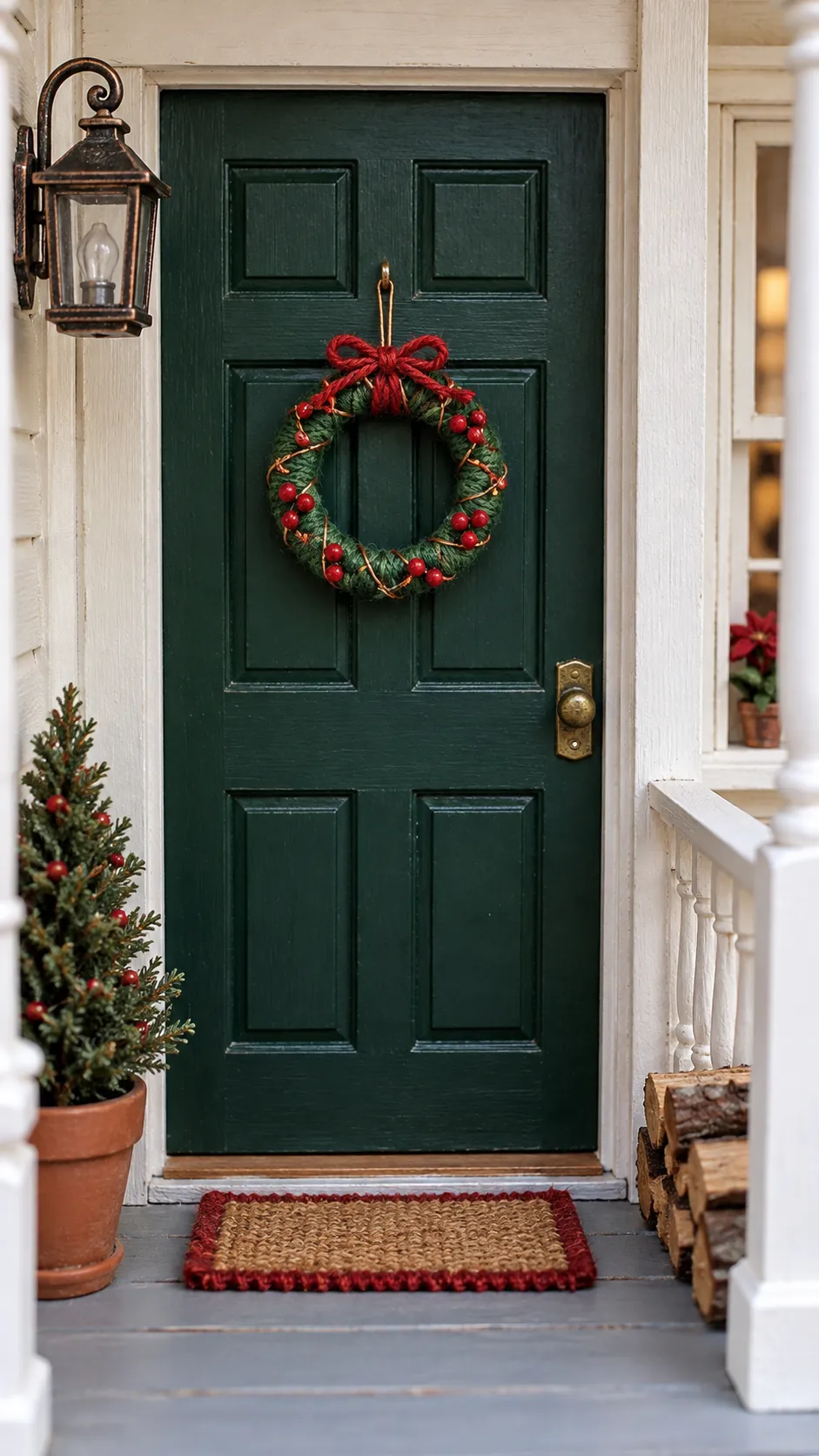 Handmade green thread wreath on a miniature front door