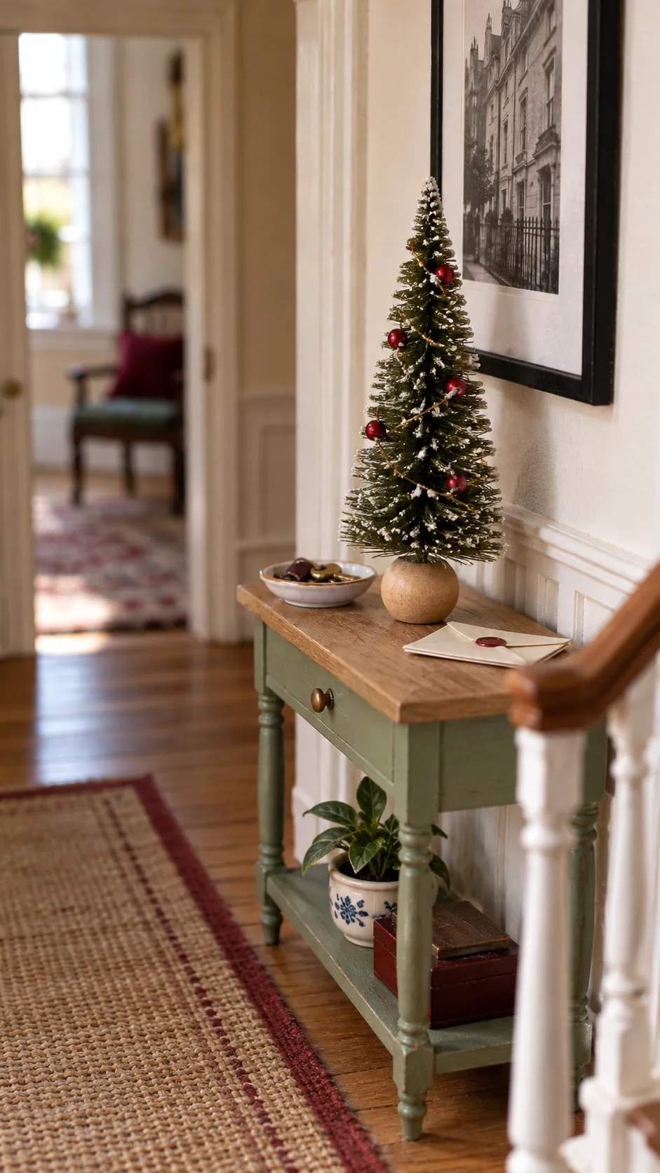 Small bottle brush Christmas tree on a dollhouse console