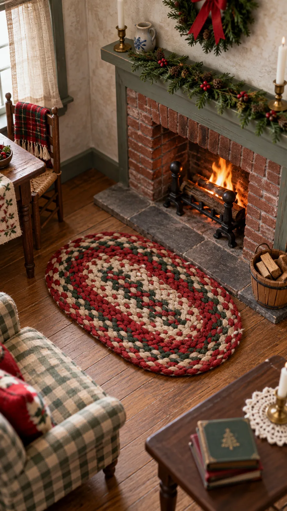 Braided miniature Christmas rug in front of a dollhouse hearth