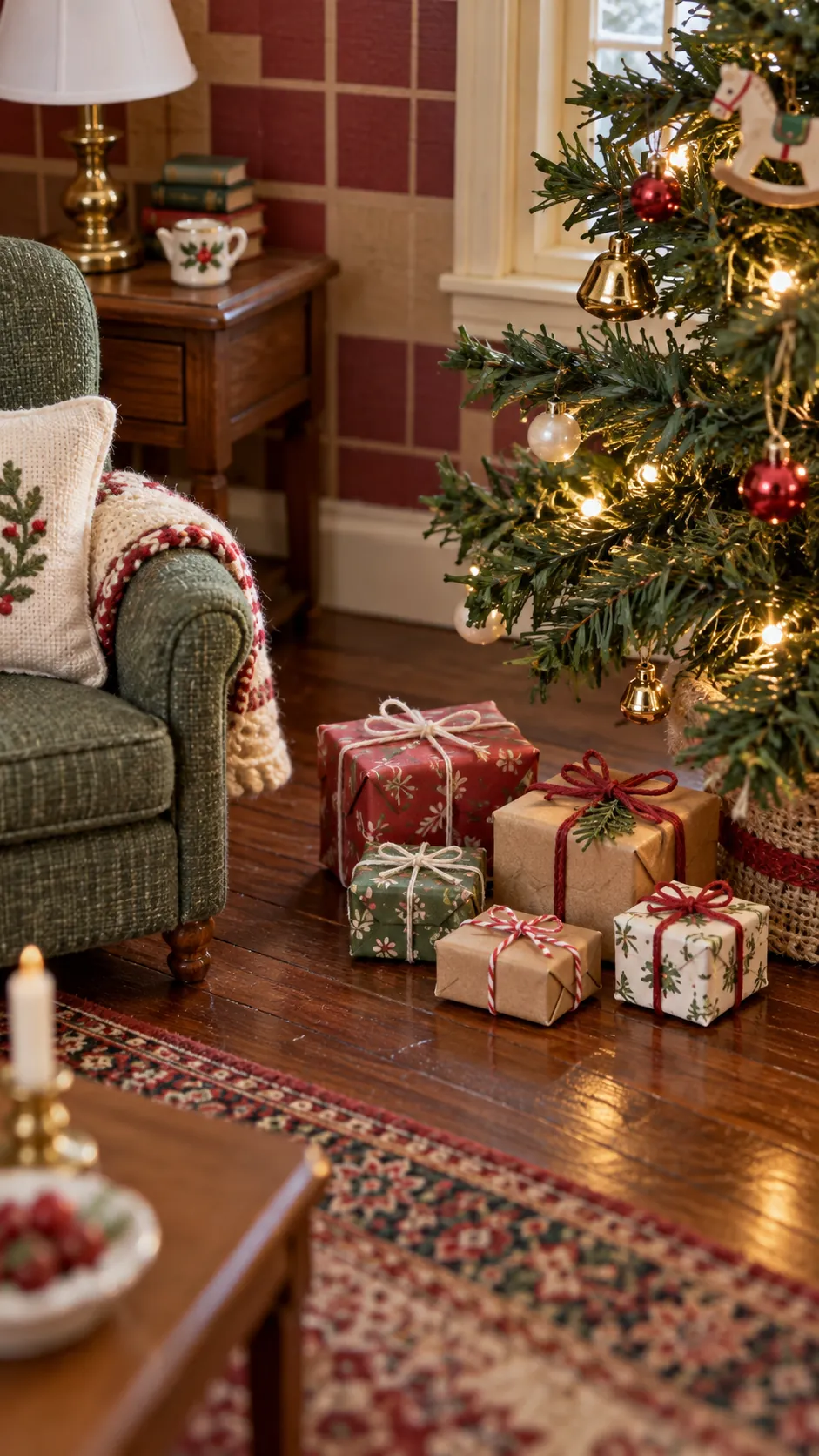 Miniature wrapped cardstock gifts beside a dollhouse tree