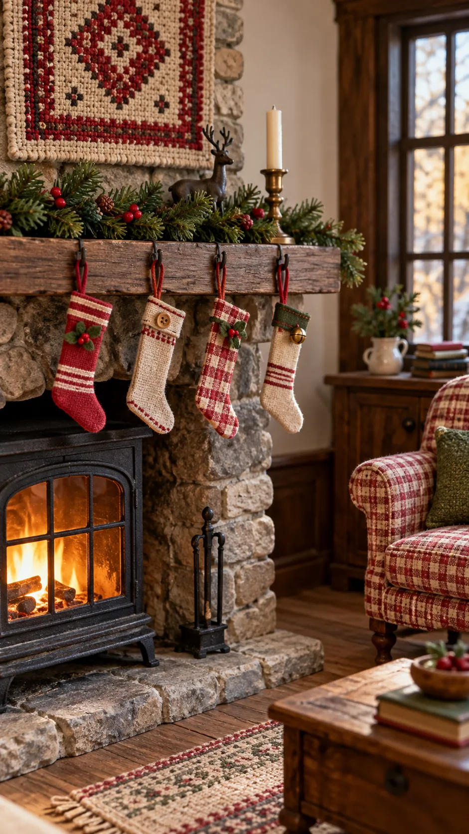 Tiny ribbon stockings hanging from a dollhouse fireplace