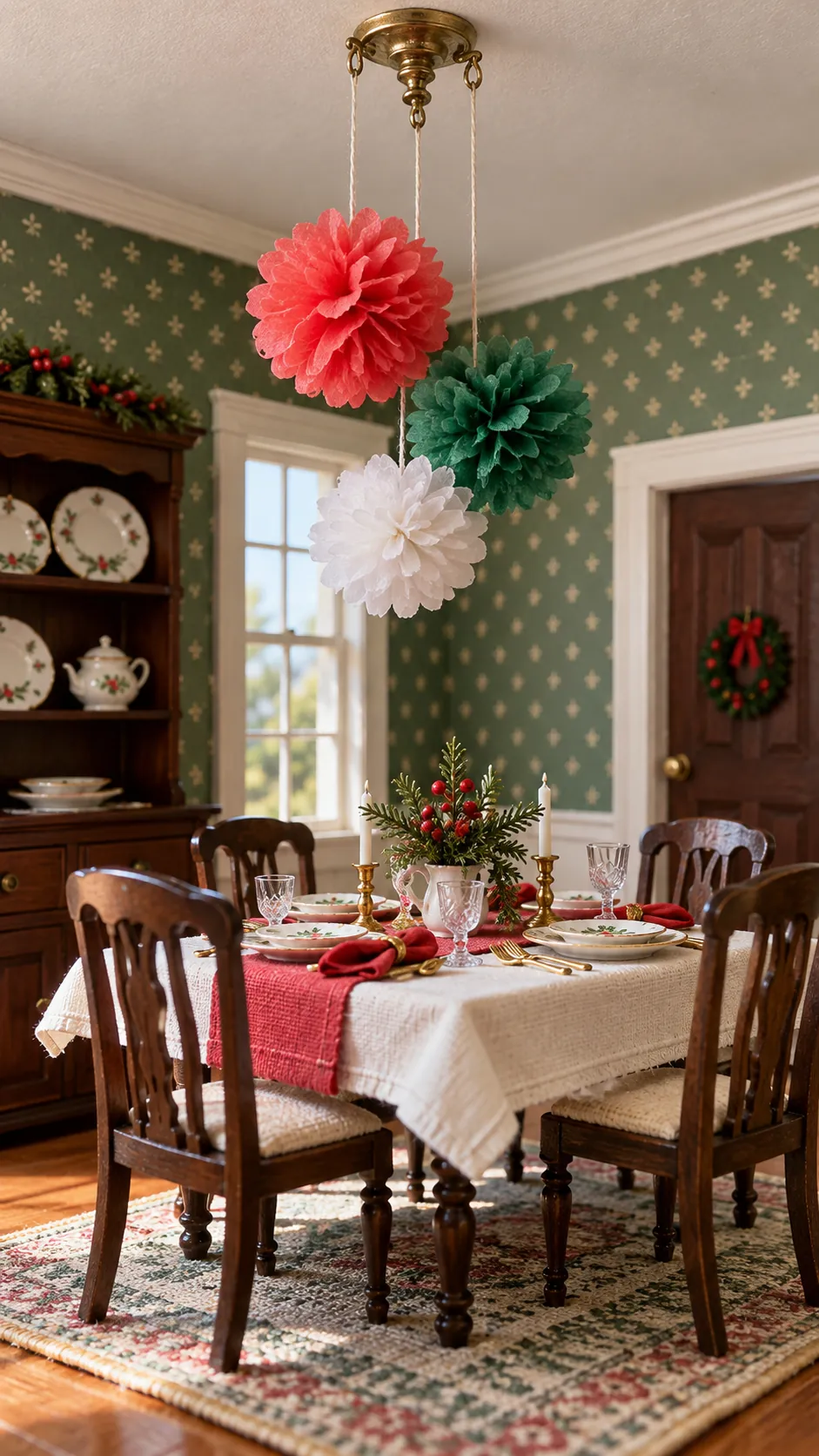 Tiny tissue paper pom poms above a miniature holiday table
