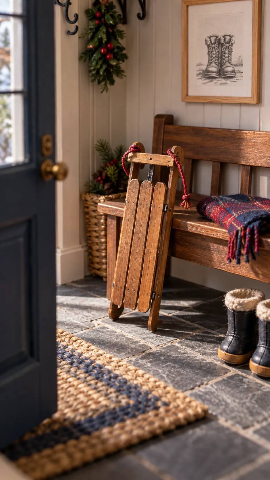 Handmade miniature wooden sled beside a dollhouse entry bench