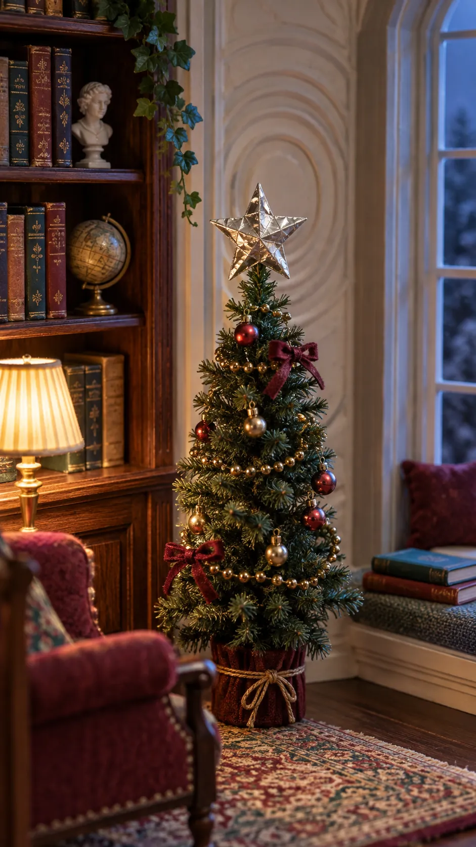 Silver foil star topper on a miniature Christmas tree