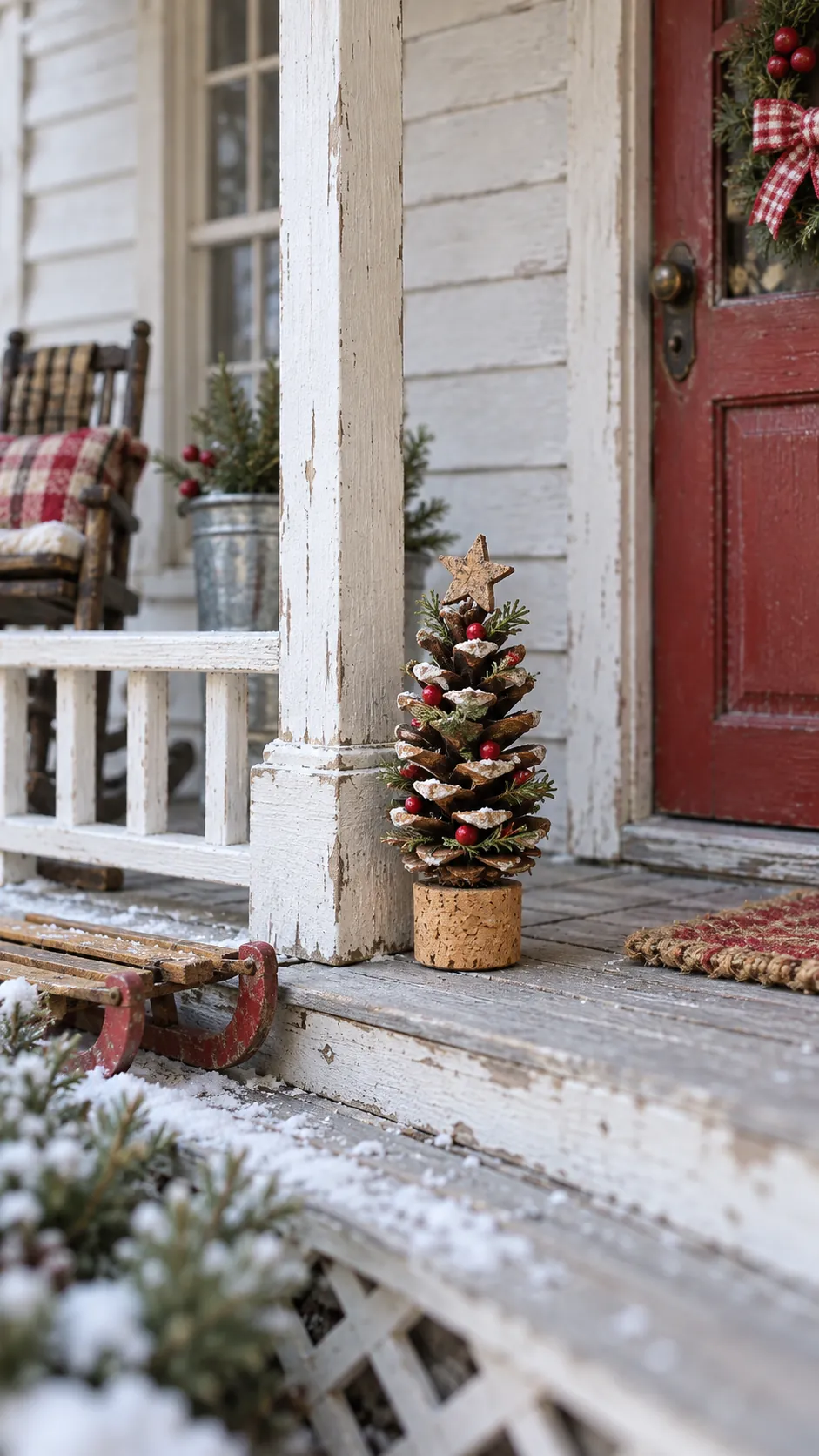 Small pinecone Christmas tree on a rustic dollhouse porch