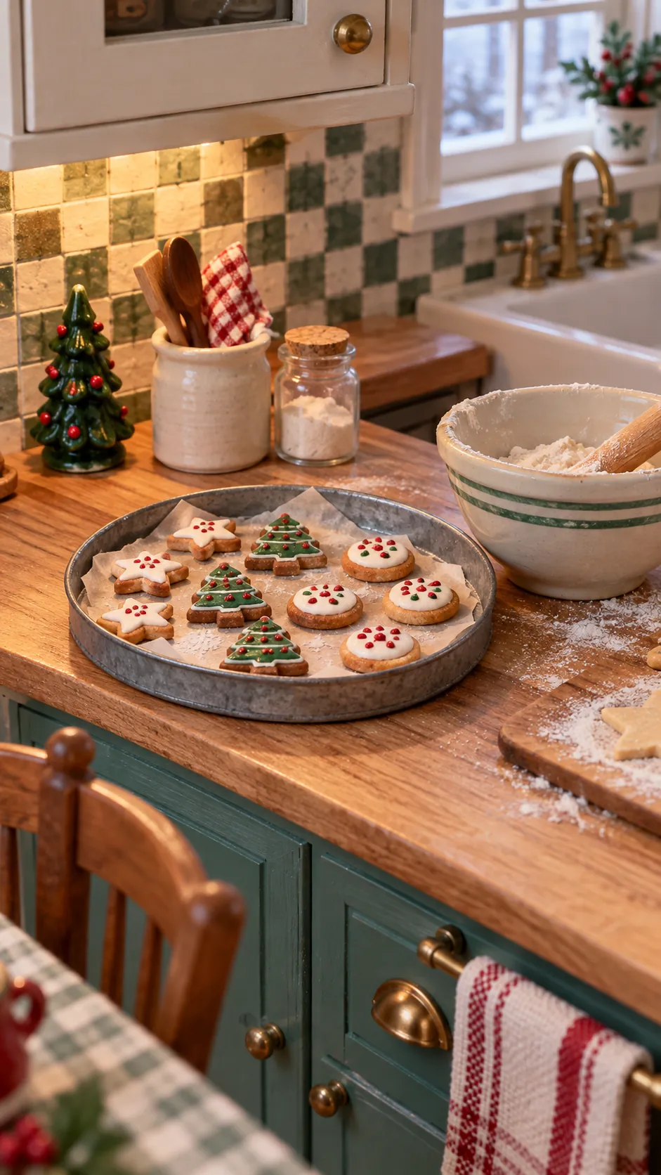 Tiny handmade clay Christmas cookies on a miniature tray