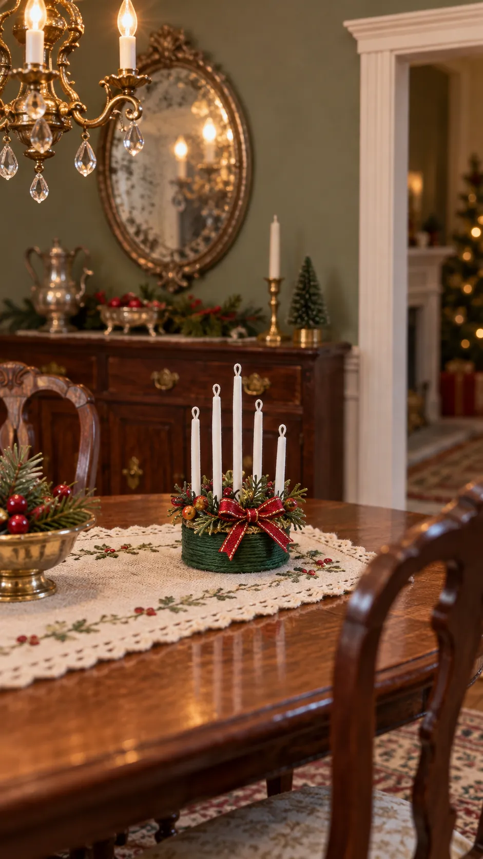 Miniature cork candle centerpiece on a dollhouse dining table