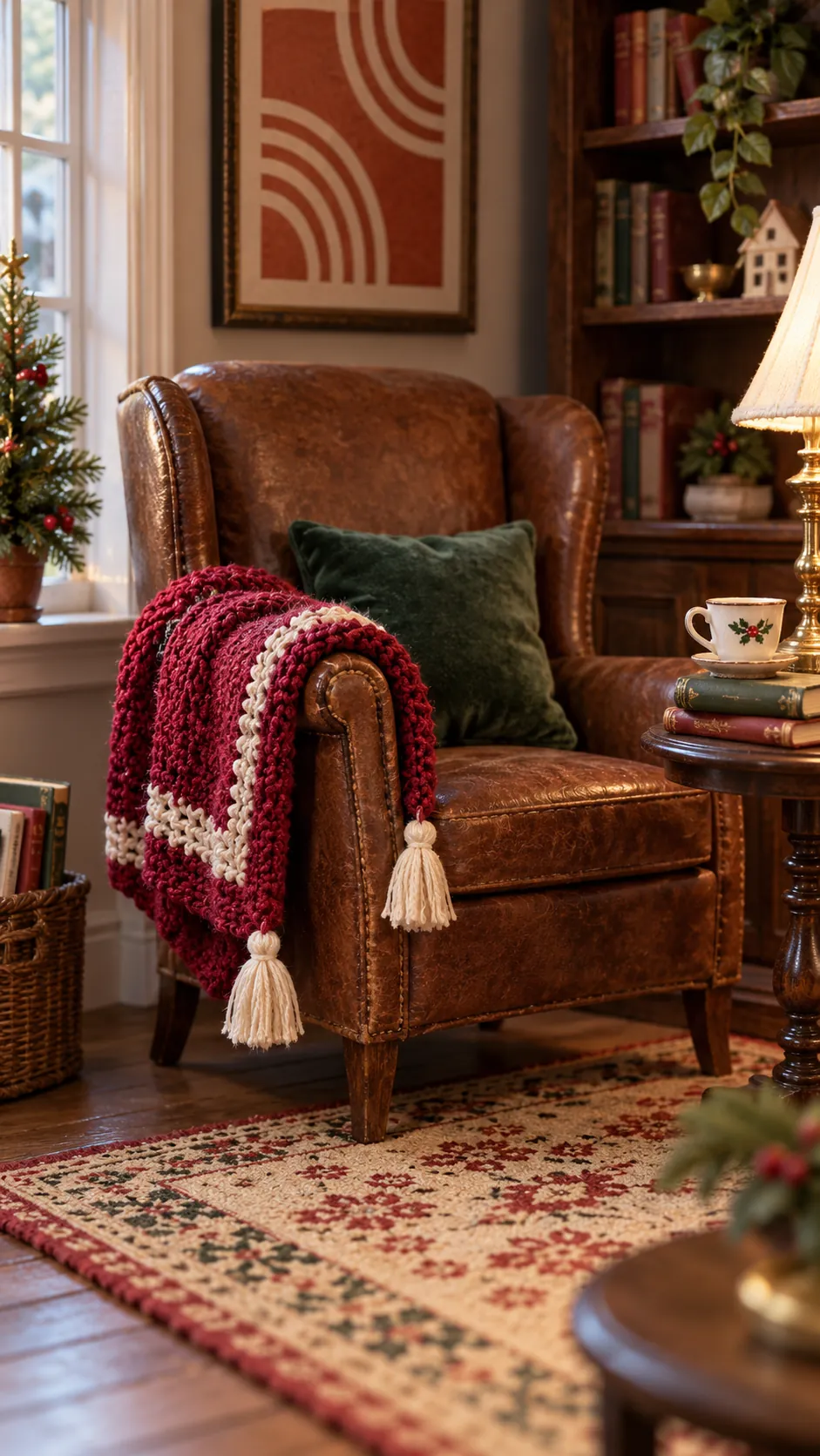 Red and cream miniature throw blanket on a dollhouse chair