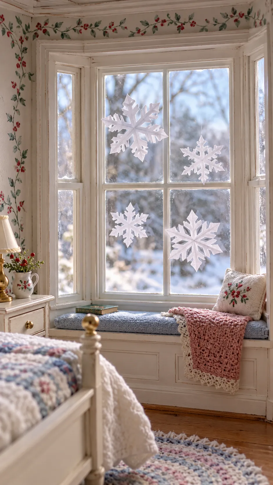 Delicate paper snowflakes on a miniature room window