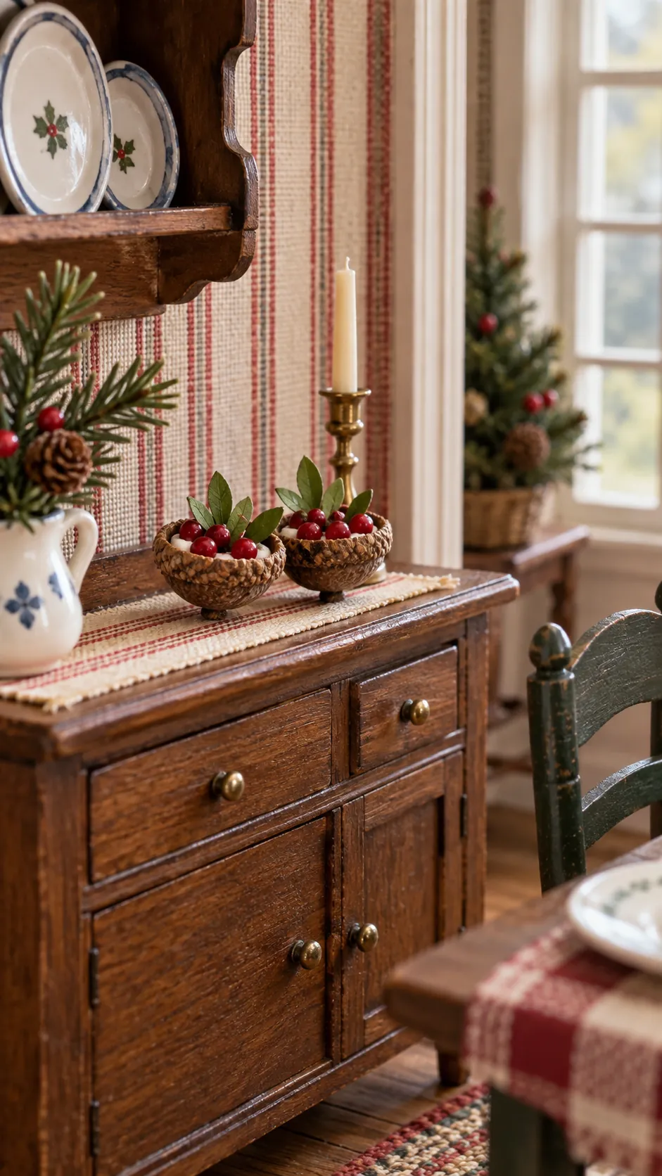Acorn cap bowls with tiny holiday decorations on a dollhouse sideboard
