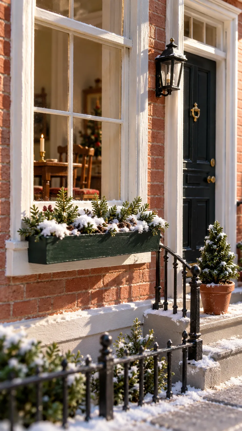 Cotton snow and greenery in a miniature Christmas window box