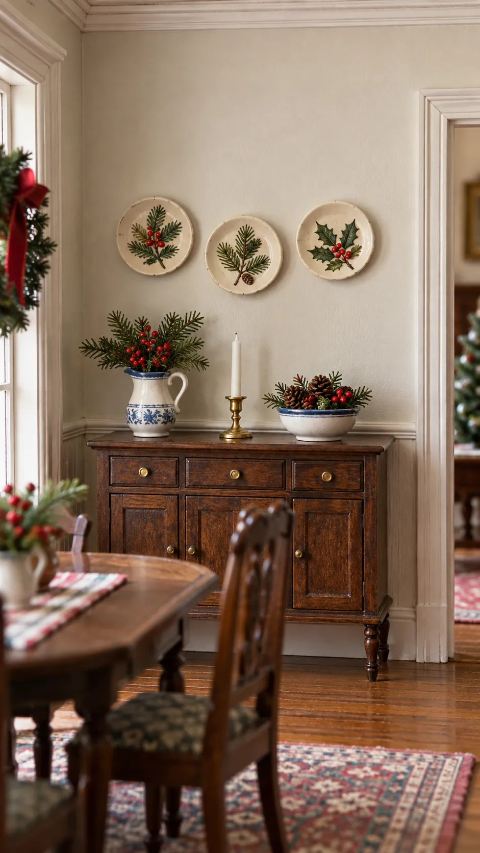 Painted button plates displayed on a miniature dining room wall