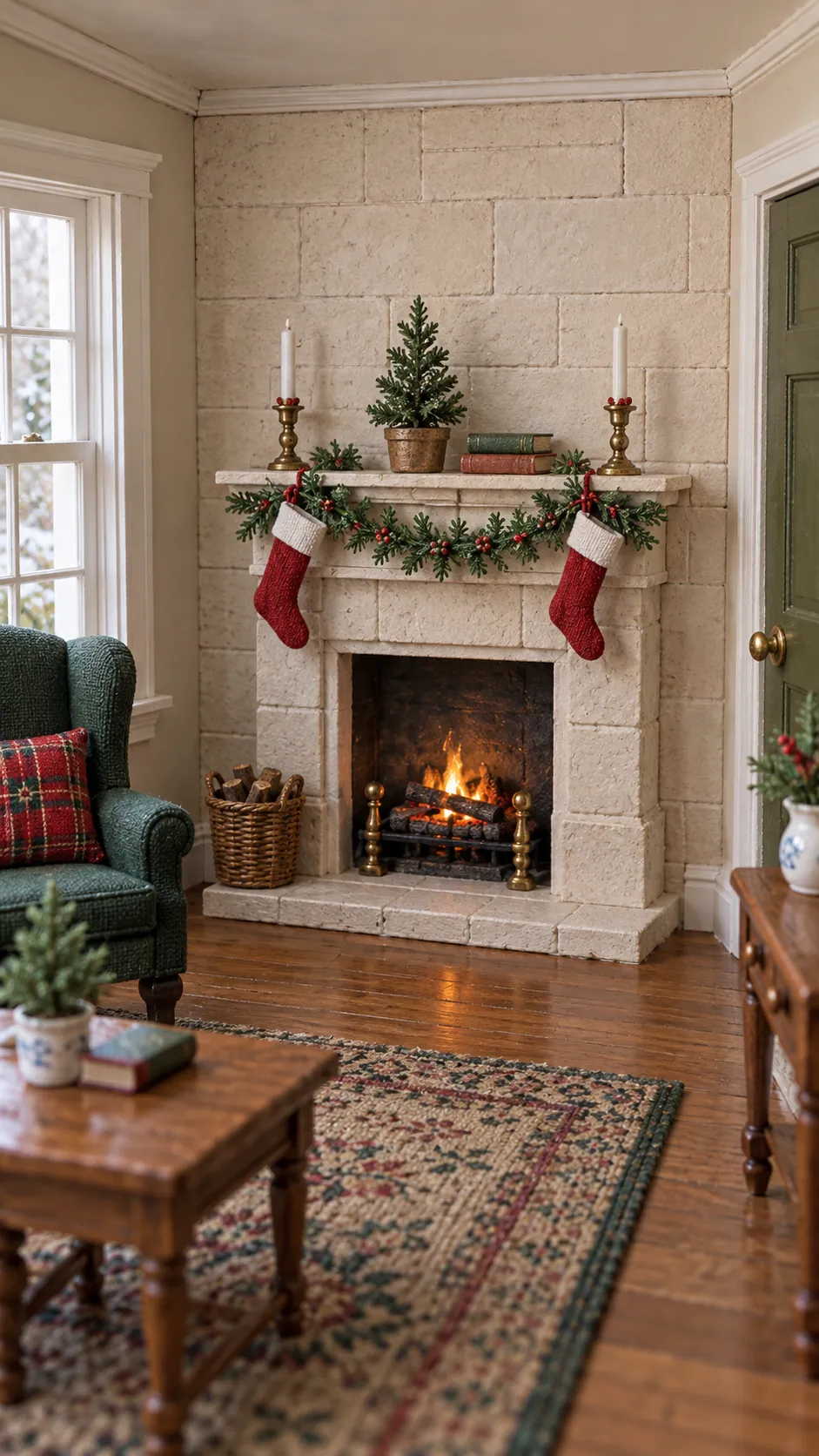 Painted miniature Christmas mantel made from recycled card