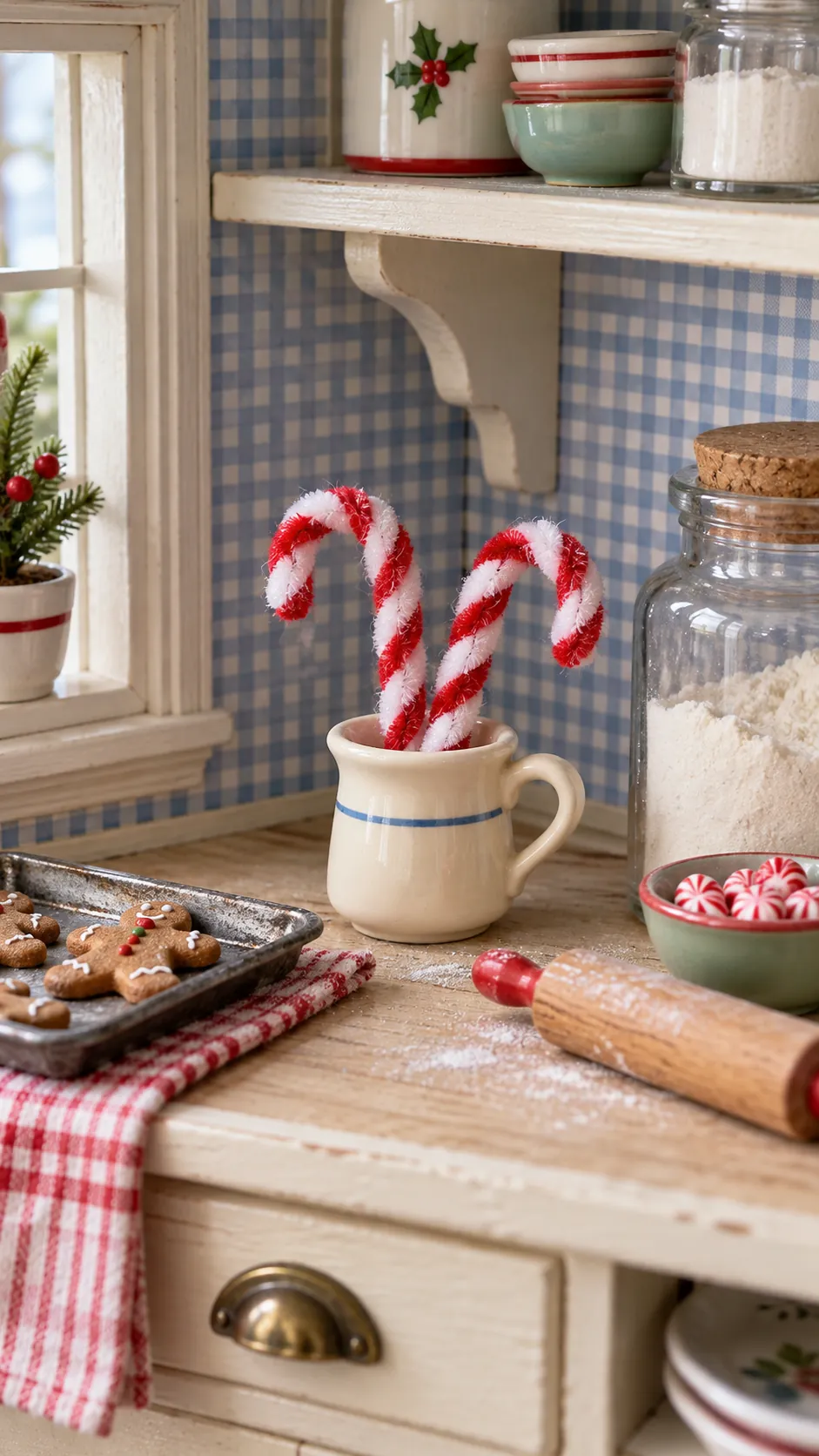 Tiny red and white candy canes in a miniature cup