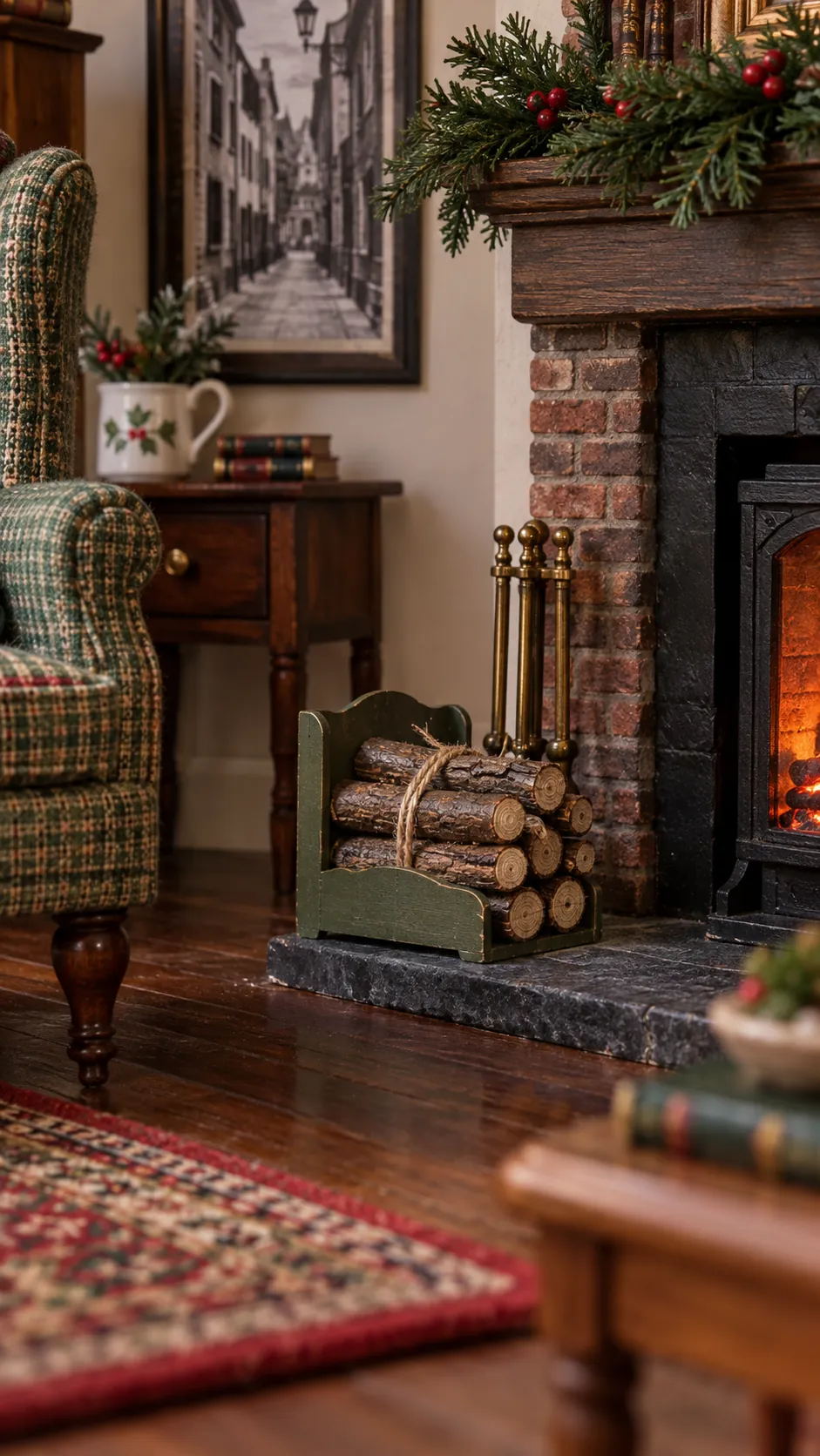 Bundle of tiny twigs beside a dollhouse Christmas fireplace