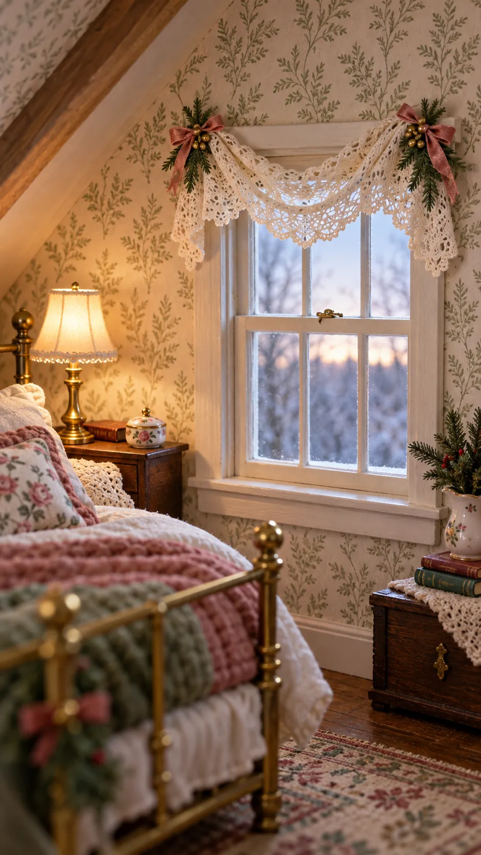 Fine lace Christmas swag across a miniature bedroom window