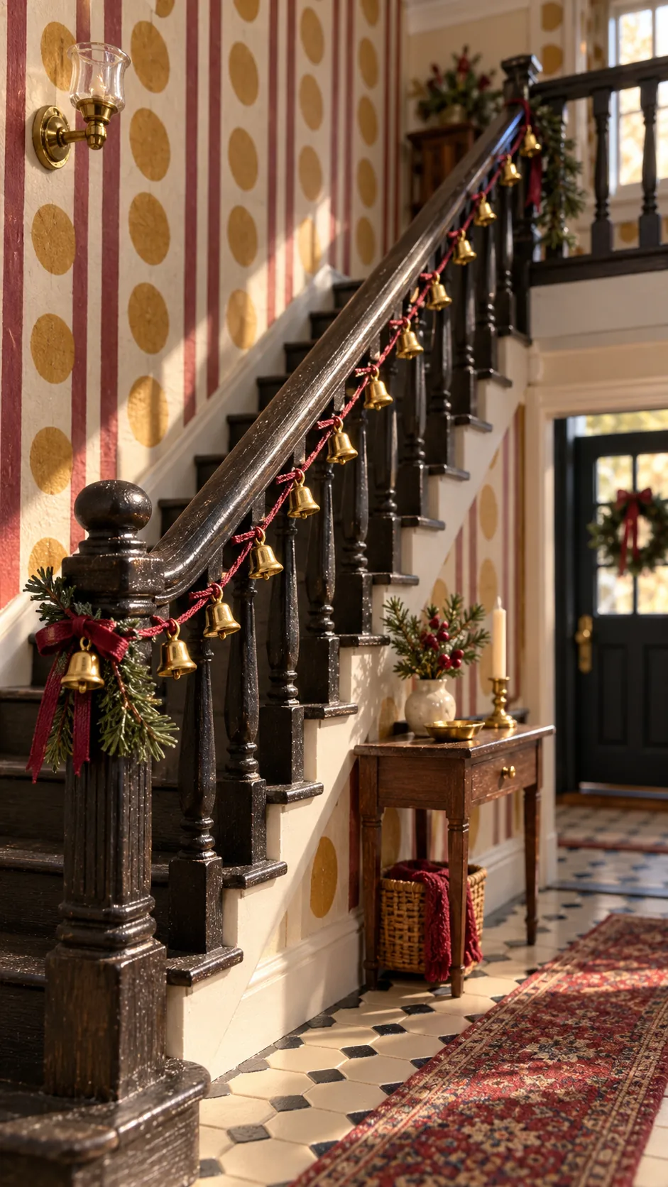 Small gold bell garland on a dollhouse staircase