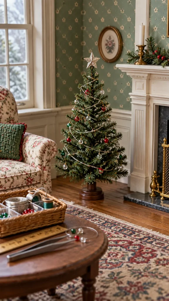 Finished handmade 1:12 scale miniature Christmas tree in a dollhouse room