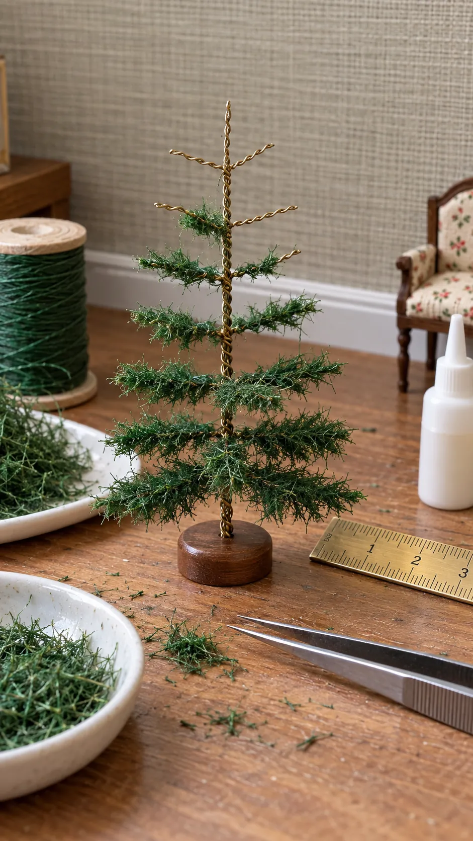 Green fibers being added to wire branches on a miniature tree