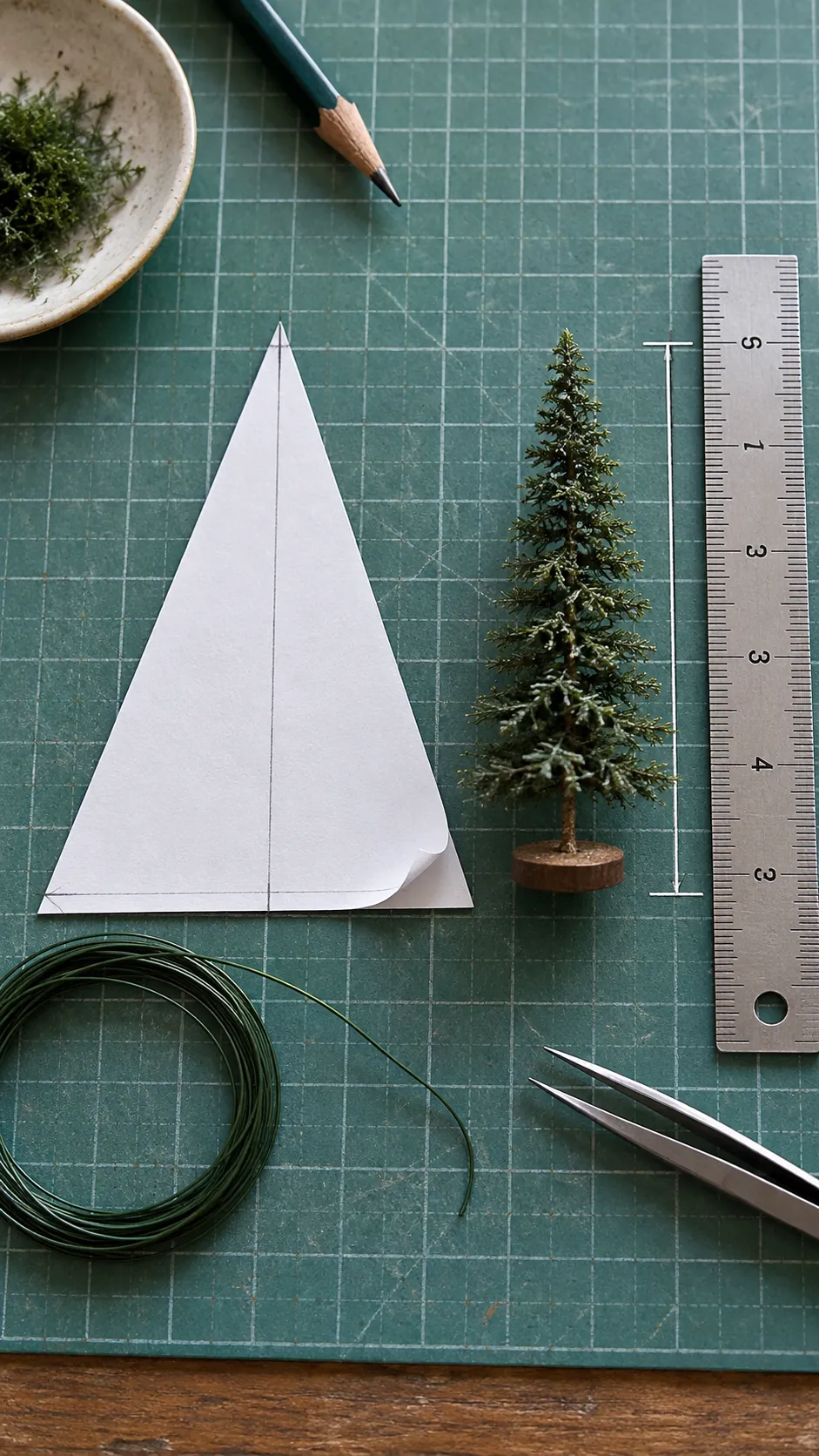 Scale plan beside wire for a 1:12 miniature Christmas tree