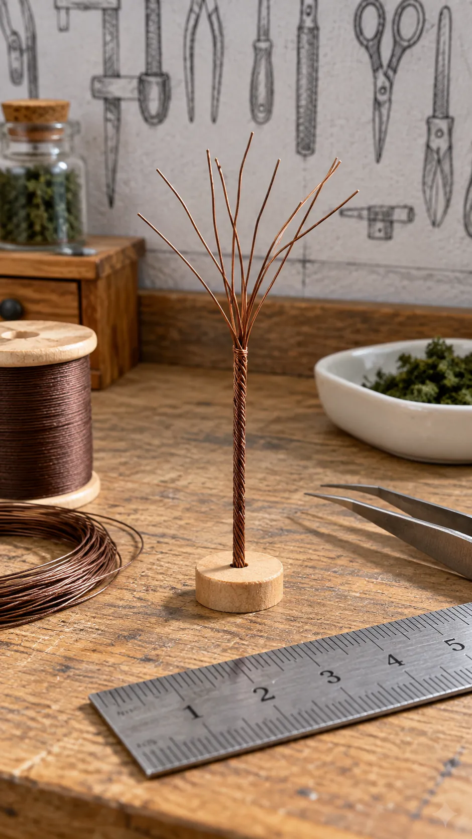 Fine florist wires twisted into a straight miniature tree trunk